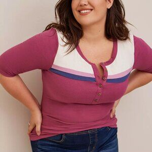 Super Soft Rib Color Block Henley Short Elbow Sleeve Tee